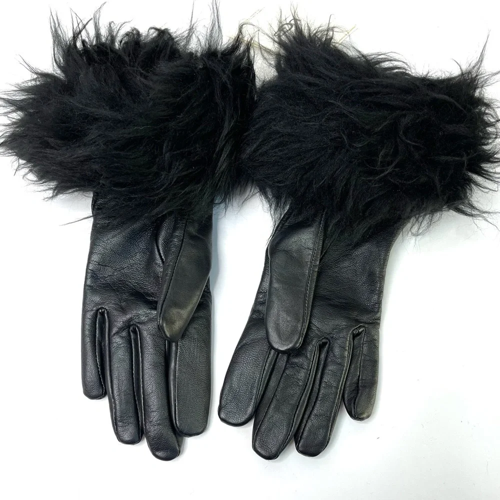UGG Black Leather Gloves Fur Trim Black NEW Touchscreen Tech Size S
